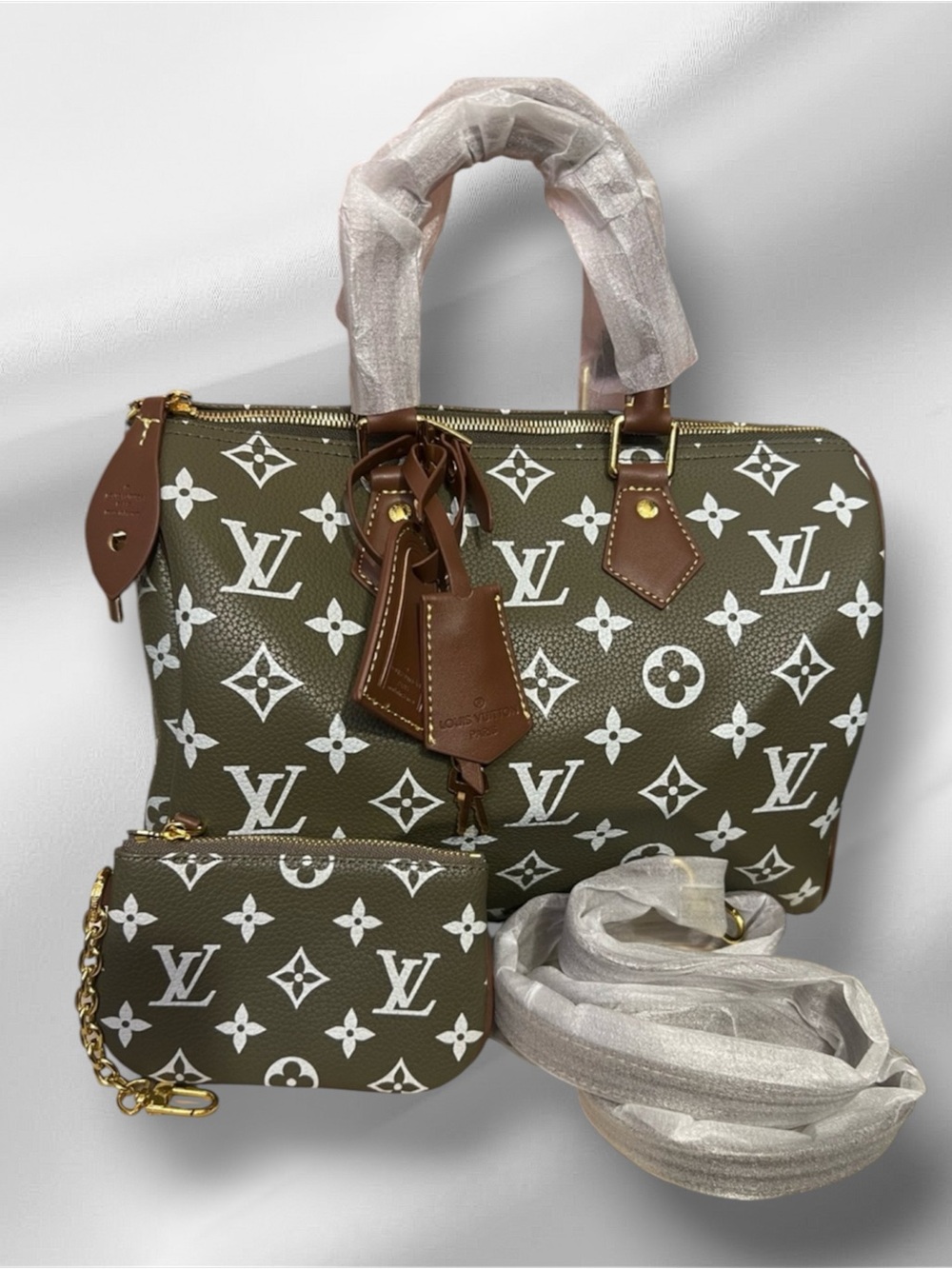 Elegant Fashion Green Monogram Satchel(30) with Pouch - NWOT